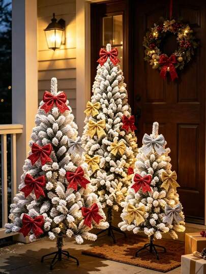 Flocked Christmas Tree With Bow Ornaments, 45cm 1.2m 1.5m 1.8m 2.1m Artificial Snow Flocked Xmas Tree, 6‑Bow & 12‑Bow Included, Metal Stand, Snowy Pine Christmas Decor For Home Party Holiday Decoration