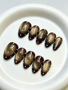 10Pcs Handmade Reusable Cat Eye Press On Nails - Macaron French Tips With Tool Kit, Perfect For Beach Vacation Wedding Party | Summer Must-Have - Mocha Brown - View 3