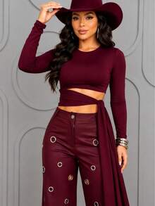Cropped Feminino Manga Longa com Amarração na Cintura – Top Elegante e Estiloso - Vinho - Visão 4