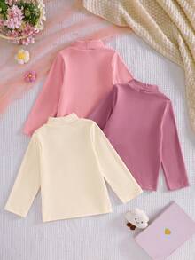 3pcs Girls Casual English Letter Patch & Solid Color Soft Comfortable Long Sleeve Mock Neck T-Shirts, Outdoor Autumn/Winter - Multicolor - View 3