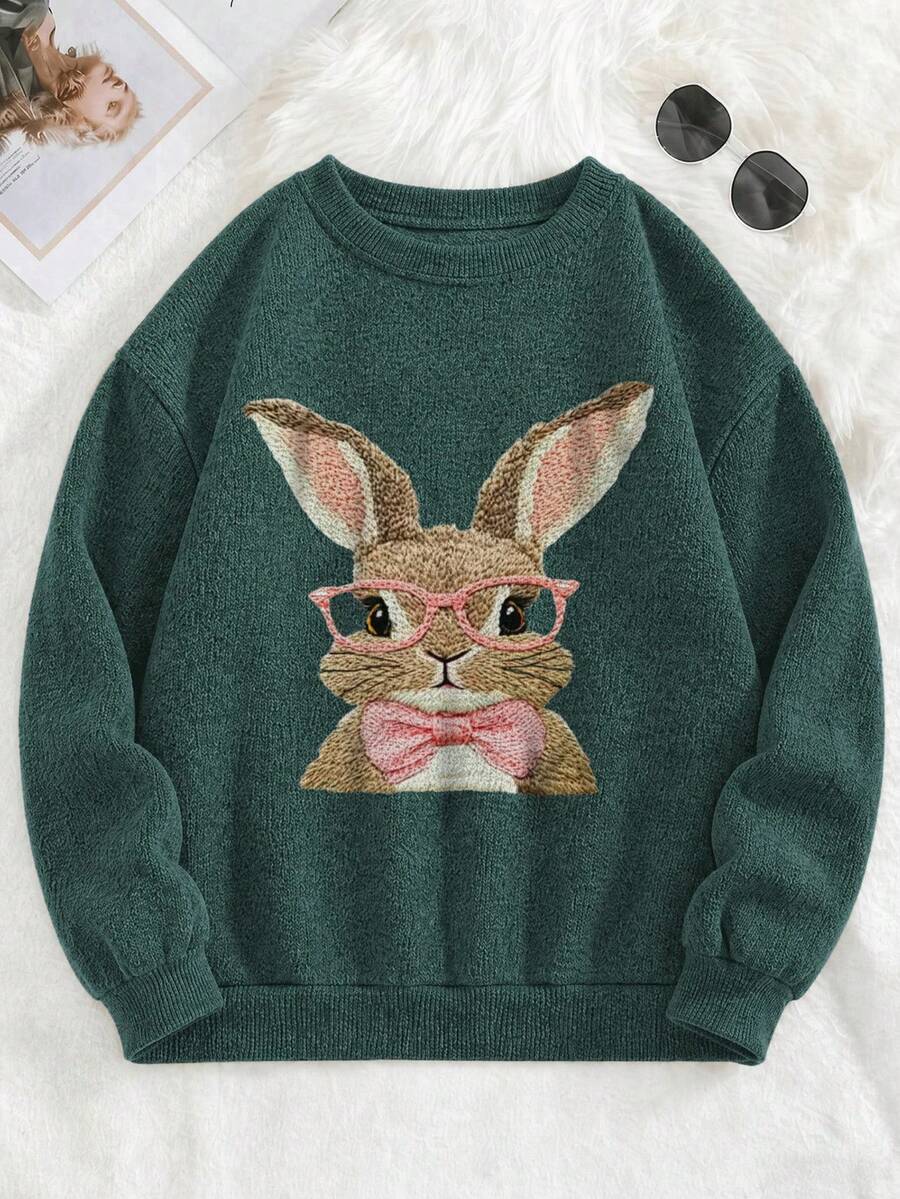 Sweater Wanita Ukuran Besar, Motif Kelinci, Lengan Panjang, Kerah Bulat, Potongan Reguler, Pilihan Ideal untuk Pakaian Musim Gugur
