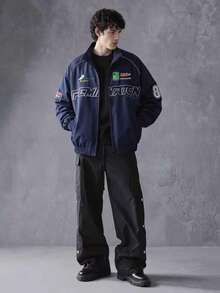 MAISONFOX Men's Casual Letter Print Long Sleeve Jacket, Spring/Autumn Streetwear Racing Jacket Motorcycle Jacket, Long Sleeve Designer Pilot Jacket - Royal Blue - View 5