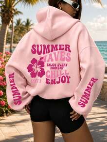 Printed Pattern Sweatshirt, Plus Size Women's Casual Autumn/Winter Hooded Sweatshirt Pink Vacation - Pink - View 1