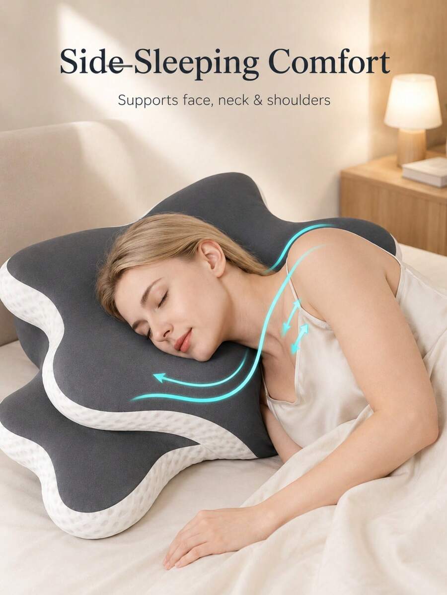 1pc Slow Rebound High Density Memory Foam Neck Support Pillow, Minimalist Contrast Color Butterfly Shaped 3D Contoured Design, 3D Zoned Support Breathable Pressure Relief, Suitable For Back And Side Sleeping, Home Bedroom Hotel Guest Room All Season Use, Comfortable Sleep Pillow Gift - B - View 1