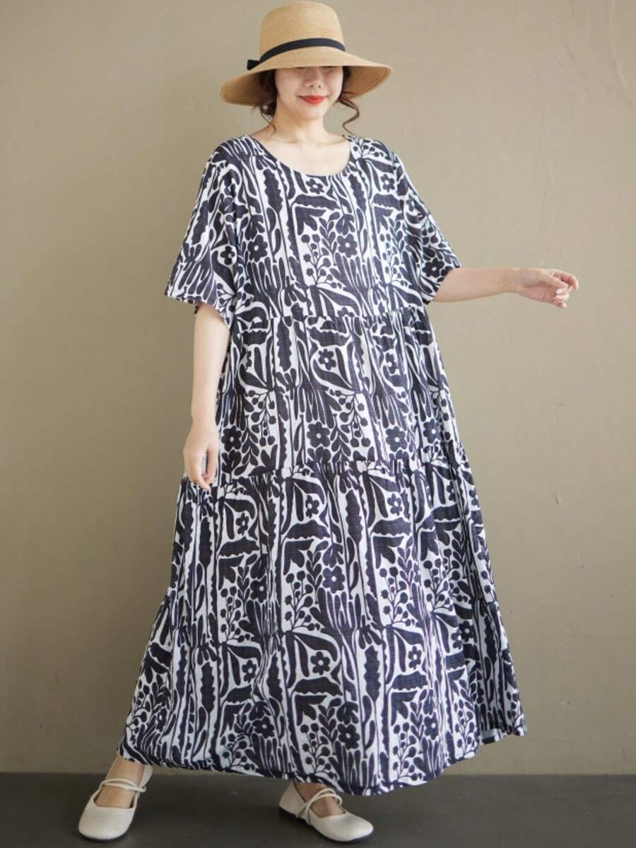 AZAH 2026 大尺碼女款夏季波西米亞印花連身裙,附口袋,短袖圓領休閒長洋裝,休閒梭織布料長裙 - 黑色 - 查看 1