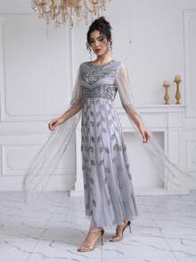 JINLICX Silver Beaded Light Grey Tassel Sleeve Evening Maxi Dress - Grey - View 3