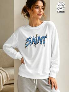Women's Loose Fit Blue Gradient Letter & Star Print Crew Neck Sweatshirt, Breathable Street Style Pullover For Spring & Fall Daily Wear - White - View 4