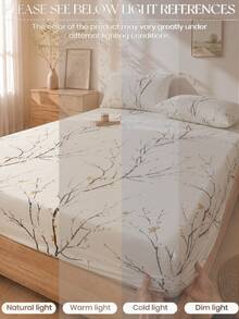 3pcs Beige Plum Blossom Pattern Fitted Sheet Set (Pillow Inserts Not Included), Bedroom Fitted Sheet Set, Brushed Microfiber Material, Breathable And Comfortable, Includes 1 Fitted Sheet And 2 Pillowcases (Pillow Inserts Not Included), Suitable For Back To School Dorm Use. - Beige - View 4
