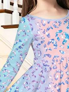 Macaron Gradient Leopard Print Girls Long Sleeve Dress, Sweet Cool Loose Fit Full Skirt, Suitable For Daily Wear, Holiday Parties, Outings And Photos - Multicolor - View 4