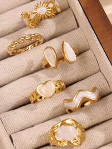 6pcs Fashion Elegant Heart Sun Geometric Asymmetrical Women's Ring Set, Vacation Date Birthday Party Holiday Gift, Personalized Versatile - Yellow Gold - View 3