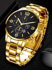 4Pcs Men Fashion Chronograph Quartz Wristwatches, Stainless Steel Band Business Watch, Multiple Colors For Daily & Party Wear - Set - View 7