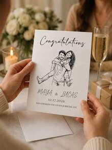 1PC Personalized Custom Wedding Card Couple Line Art Drawing From Photo, Elegant Bride Groom Portrait Illustration Congratulations Greeting With Envelope, Rustic Wedding Day Gift For Newlyweds Engaged Couples Friends Sister - Multicolor - View 6