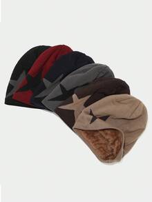 1pc Y2K Vintage Style Knitted Beanie, Men's Pentagram Jacquard Fleece Lined Knit Hat, Suitable For Women And Girls, Retro Streetwear Beanie, Star Embroidery Detail, Loose Elastic Fit, Most Comfortable, Suitable For Autumn/Winter Casual, Outdoor And Streetwear Looks, Unisex - A - View 2