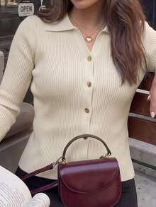 Vellofy Women Fall Winter Cream Ribbed Knit Top Polo Collar Long Sleeve Gold Button Slim Fit Cardigan Blouse For Work Dating Party - Light Apricot - View 10