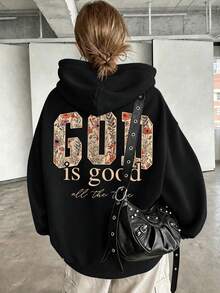 God字母印花大碼女款休閒秋冬長袖口袋連帽衛衣，黑色 - 黑色 - 查看 1