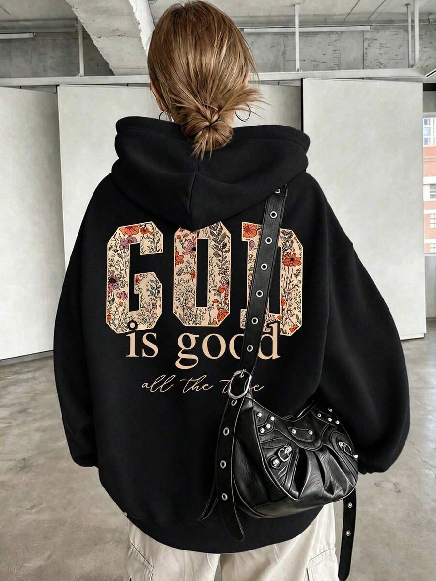 God字母印花大碼女款休閒秋冬長袖口袋連帽衛衣,黑色 - 黑色 - 查看 1