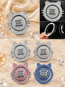 1pc Cat Ear Rhinestone Car Engine Start/Stop Button Ring, Shiny Crystal One-Touch Start Button Decorative Cover Sticker, Cute Sweet Female Car Accessory - Cute Cat Ears - View 3