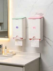 Cute Bow Wall-Mounted Tissue Box, Bathroom Sanitary Napkin Storage Box, Vertical Striped Textured Shell, No-Drill Adhesive Wall Installation. Smooth Dispensing Opening, Can Hold Face Towels And Tissues, Flip-Top Design For Easy Refill. White And Pink Contrast Color Girly Style, Suitable For Bathroom Vanity, Frees Up Countertop Space, Practical Home Storage For Face Towels And Tissues. - Multicolor - View 4