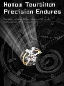 POEDAGAR 1pc Business Men's PU Leather Automatic Mechanical Skeleton Tourbillon Watch, Fashion Waterproof Luminous Wristwatch For Daily Occasions, Men's Gift - one-size - View 11
