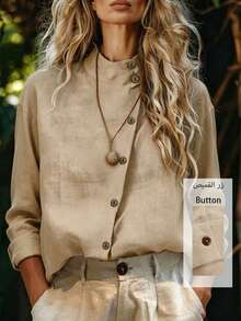 Casual Versatile Solid Color Stand Collar Long Sleeve Shirt - Khaki - View 1