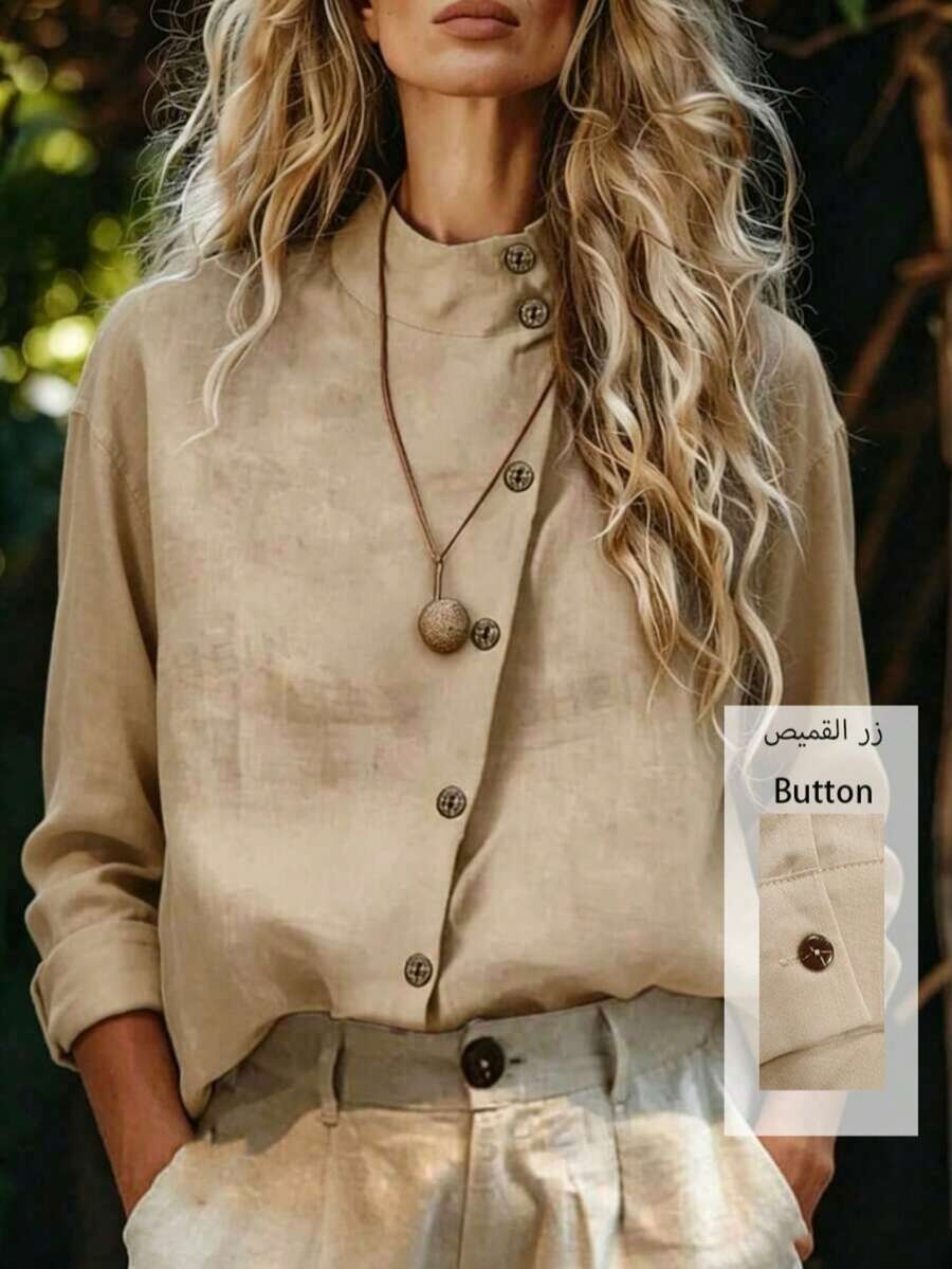 Casual Versatile Solid Color Stand Collar Long Sleeve Shirt - Khaki - View 1