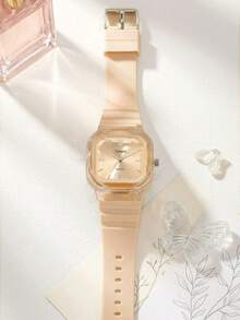 1pc Women Square Minimalist Fashionable Silicone Strap Quartz Watch, Suitable For Daily Wear - Beige - View 4