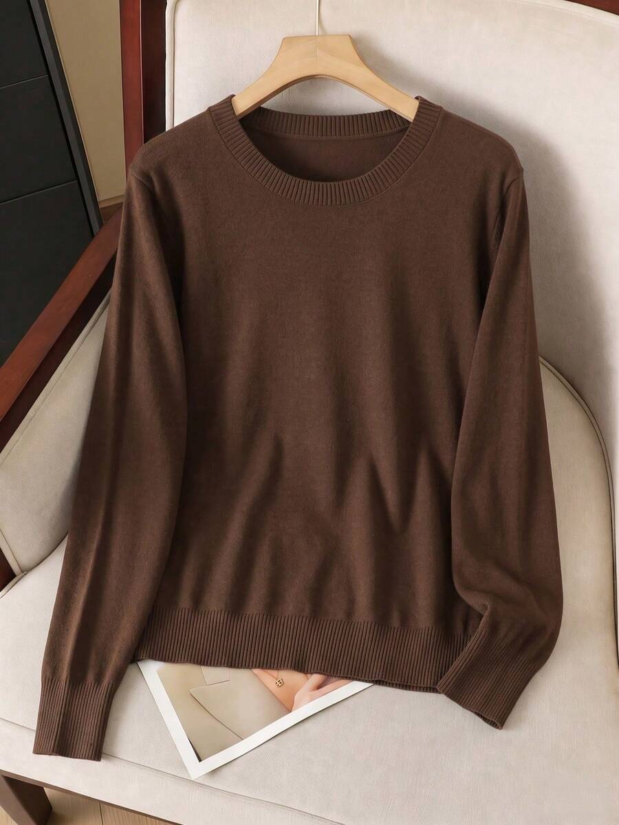 GIGOGOU 大尺碼 1XL-4XL 秋冬基礎款女式針織毛衣上衣長袖 - 鏽棕色 - 查看 1