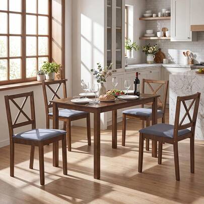 Juego de mesa de comedor de madera moderno con sillas tapizadas, muebles de cocina para comidas, asientos para rincón de desayuno, apartamento, sala de estar, restaurante, marrón rústico, juego de 5 piezas