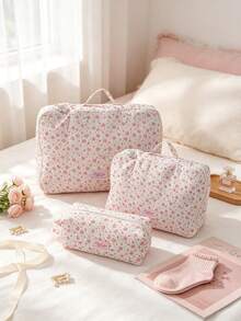 1pc/Set Pink Floral Print 4pcs Travel Luggage Organizer Set, Zippered Clothing Storage Bags, Portable Suitcase Organizer, Multi-Size Storage - Pink - View 2
