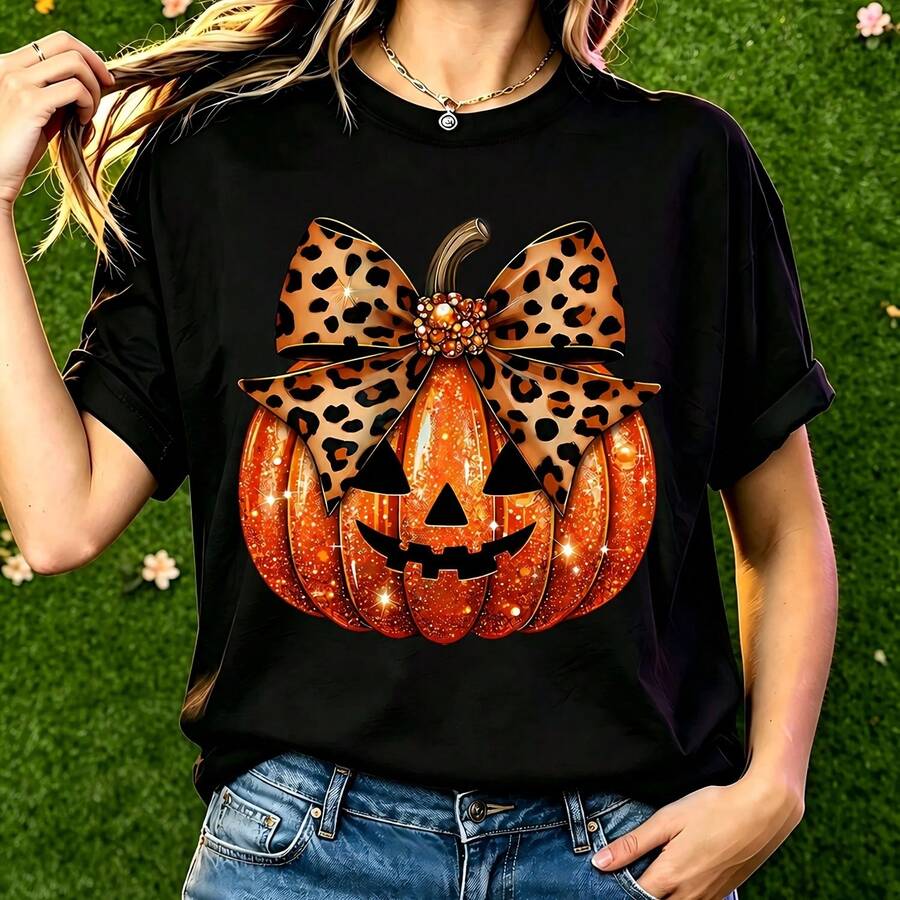 Halloween Women's T-Shirt Women's Halloween Glitter Jack-O'-Lantern Leopard Bow Graphic Black Casual T-Shirt - Black - View 1