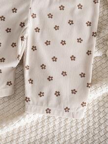 1pc Baby Girl Apricot Corduroy Ditsy Floral Overalls, Adjustable Straps, Pockets, Vintage Style Romper - Beige - View 6