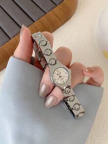 1pc Women's Silver Small Round Quartz Wrist Watch, Minimalist White Dial, Mixed Hour Markers, Compact And Fashionable, Suitable For Daily Wear - Silver - View 7