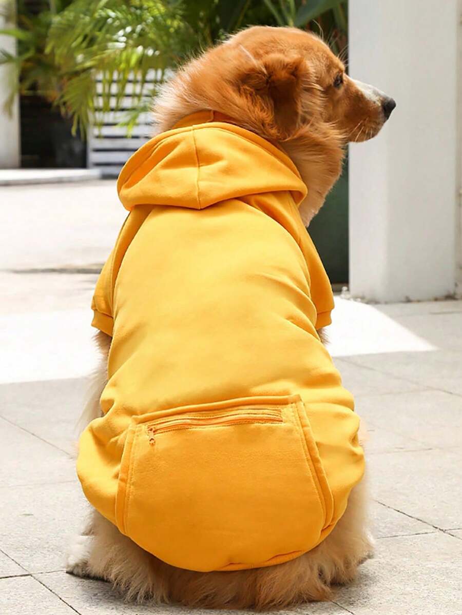 1pc Solid Color Pocket Design Pet Dog Hooded Sweatshirt, Warm Thermal Lined Two-Legged Sweatshirt, Suitable For Medium And Large Dogs, Golden Retriever, Labrador, Autumn/Winter Pet Clothing - Yellow - View 1