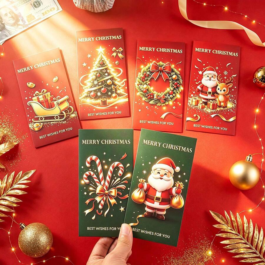 6入聖誕創意紅包封套 MERRY CHRISTMAS 節日祝福卡 派對聚會禮物紅包袋 聖誕裝飾紅包封套 聖誕老人、馴鹿、聖誕樹、糖果棒圖案 節日祝福卡 派對禮物紅包袋 適用於聖誕節、生日、平安夜、新年 - 彩色 - 查看 1