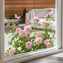 1pc 2D Pink Floral Window Sticker, Realistic Flower & Butterfly Decor, Self-Adhesive & Removable - Multicolor - View 2