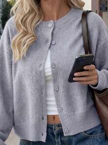 1pc Girls Casual Outdoor Solid Color Crew Neck Short Knit Cardigan Sweater, Thick, Suitable For Autumn/Winter - رمادي - مشاهدة 3