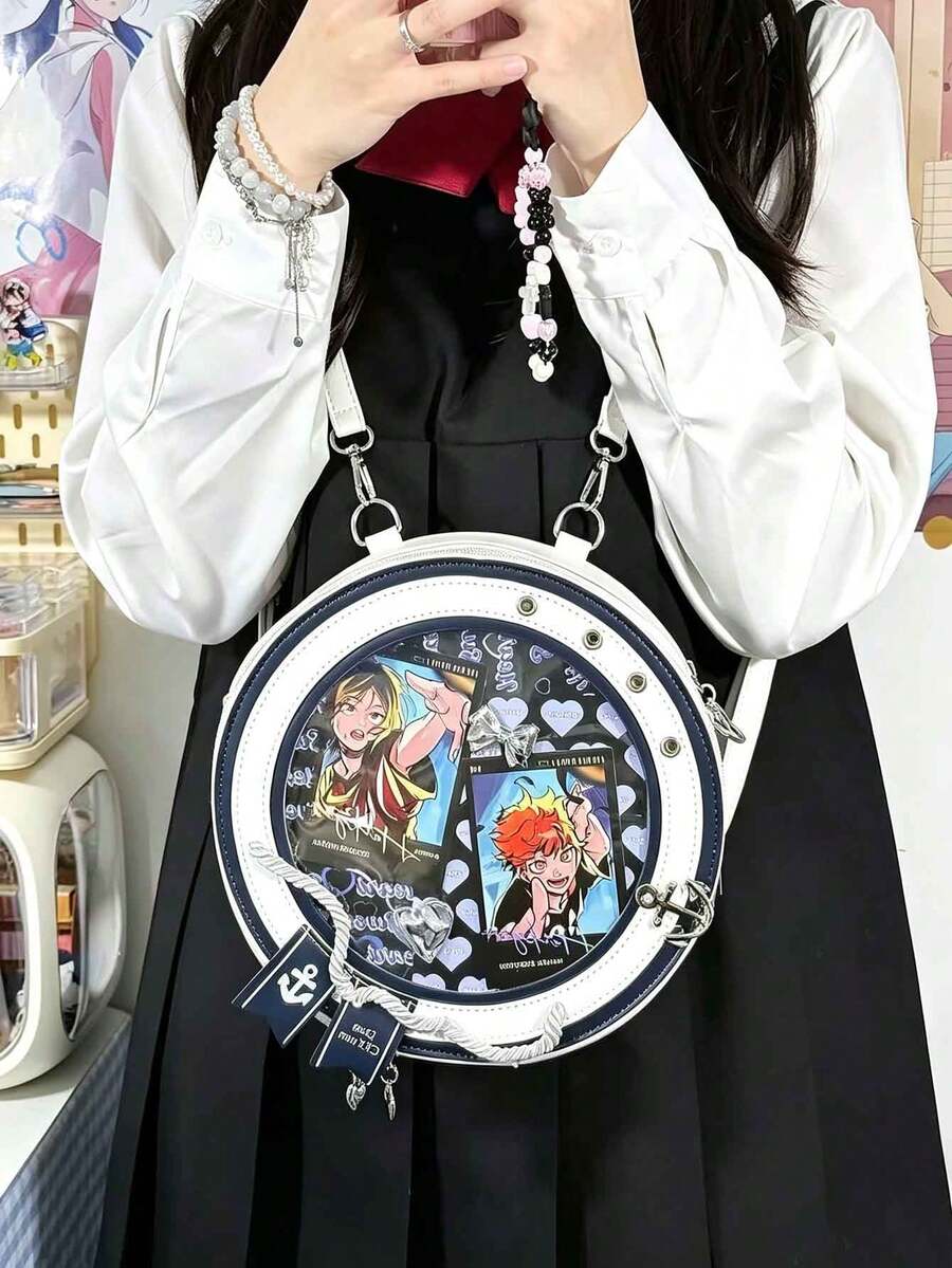 1pc Contrast Color Anchor Webbing Decor Round Ita Bag, PU Leather Transparent Visible Window Badge Storage Bag, Zipper Closure Japanese School Style Crossbody Bag, Anime Student Convention Commute Girl Shoulder Bag - Multicolor - View 1