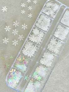 12格混色全息雪花美甲亮片，3D白色閃粉冬季雪花美甲裝飾，聖誕節假期冬季新年美甲配件，適合女性與女孩 - 彩色 - 查看 4