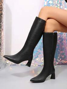 2025 Women's New Chunky High Heel Elastic Slimming Sock Boots Mid-Calf Ankle Boots - Black - View 1