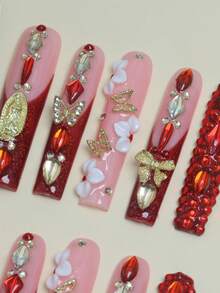CrystalHola 10 Pcs Handmade Wearable False Nails, Long Ballet, 3D Rhinestones, French Tip Nails. Fully Covered And Reusable, Suitable For Parties, Music Festivals, And Other Events, It Is The First Choice For Girls And Women To Give Gifts, Christmas Nails. - Multicolor - View 5