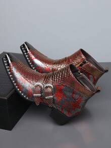 QRLQRL Men's Colorblock Printed Patchwork Short Boots, Autumn/Winter Metallic Toe Cap Double Carved Buckle Chunky Heel Shoes, Bar Exhibition Outing Personalized Men's Footwear - Red - View 3