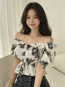 2025 Summer Women's Cute Sweet Collar Ruffle Crop Top - Apricot - View 1