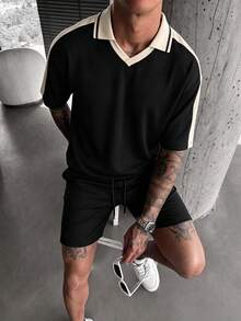 Men's Casual Fashion Loose Fit 2 Pieces Set, Short Sleeve Polo Collar Top And Drawstring Shorts, Vacation Leisure Style, Versatile Minimalist Unique Design - Black - View 2