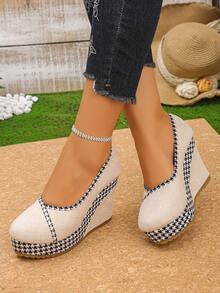 Women's Linen Trim Round Toe Wedge Pumps, Vintage Casual Thick Sole Height-Increasing Shoes For Spring/Summer Commute - Beige - View 5