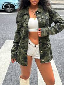 Chaqueta casual de manga larga con bolsillo y estampado de camuflaje con botones para mujer, primavera - Verde militar - Ver 1