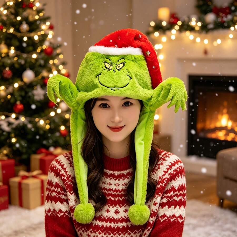 The Grinch 聖誕毛絨帽子 趣味會動跳舞綠色小怪獸聖誕帽 附毛球 聖誕節假期派對 Cosplay 裝扮配件（派對小禮物）