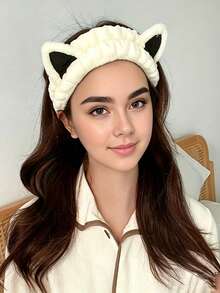 Plush Cat Ear Headband, Soft Coral Fleece Face Wash Headband, Suitable For Makeup, Skincare, Face Mask, SPA, Shower And Daily Beauty Care - Multicolor - View 4