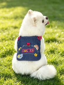 藍色可愛狗狗背心，甜美刺繡，可調節防脫逃，適合比熊犬、玩具貴賓犬及其他小型犬，時尚胸背帶，適合戶外散步 - 藍色 - 查看 3