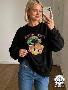 Black Street Style Graphic Crewneck Sweatshirt With Tropical Fruit Print, Cross Motif & Lettering, Loose Fit, Breathable & Cozy For Young Adults, - Black - View 4