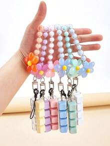 Stress Relief Beaded Petal Phone Lanyard, 4-Key Keyboard Keychain, Square Pressure Relief Keychain, Wrist Strap Bag Charm Accessory, Holiday Gift, Beaded Keychain, Colorful Electroplated Beads Design, Butterfly & Heart Decor, Halloween Gift, Christmas Decoration - Multicolor - View 1